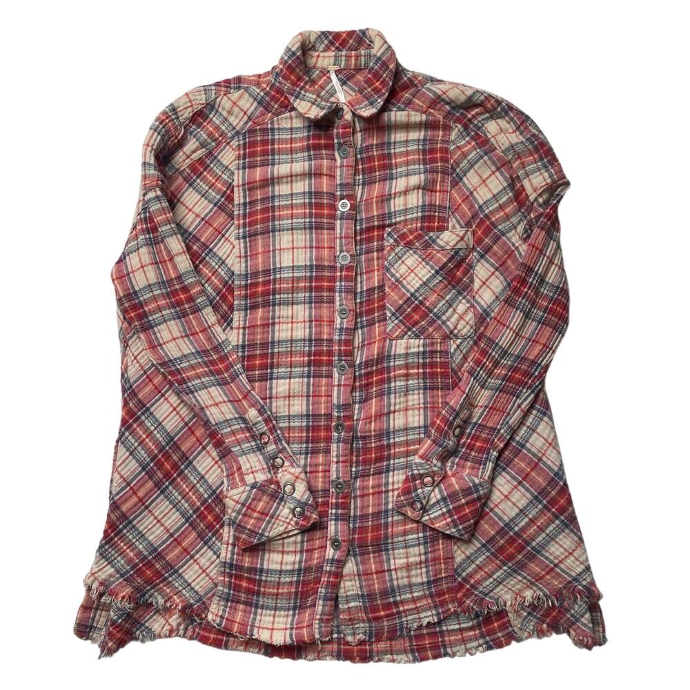 Free People Juniper Ridge Plaid Red Shirt Size Small Women's Cotton Relaxed Fit